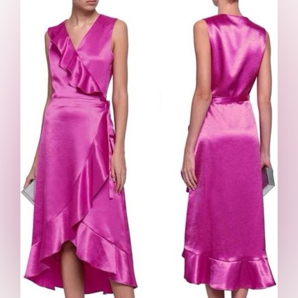 MAJE DE SOIRÉE FUCHSIA RUFFLE WRAP MIDI DRESS SZ US LARGE NWT